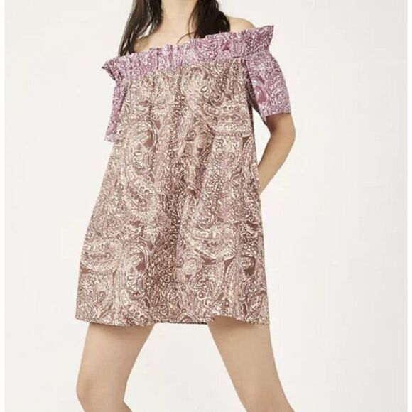 Free People Medium Tunic Brown Purple White Mini Dress Off The Shoulder Babydoll - Picture 1 of 7